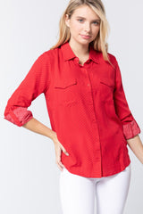 3/4 Roll Up Slv Dot Print Shirt Red/Off White