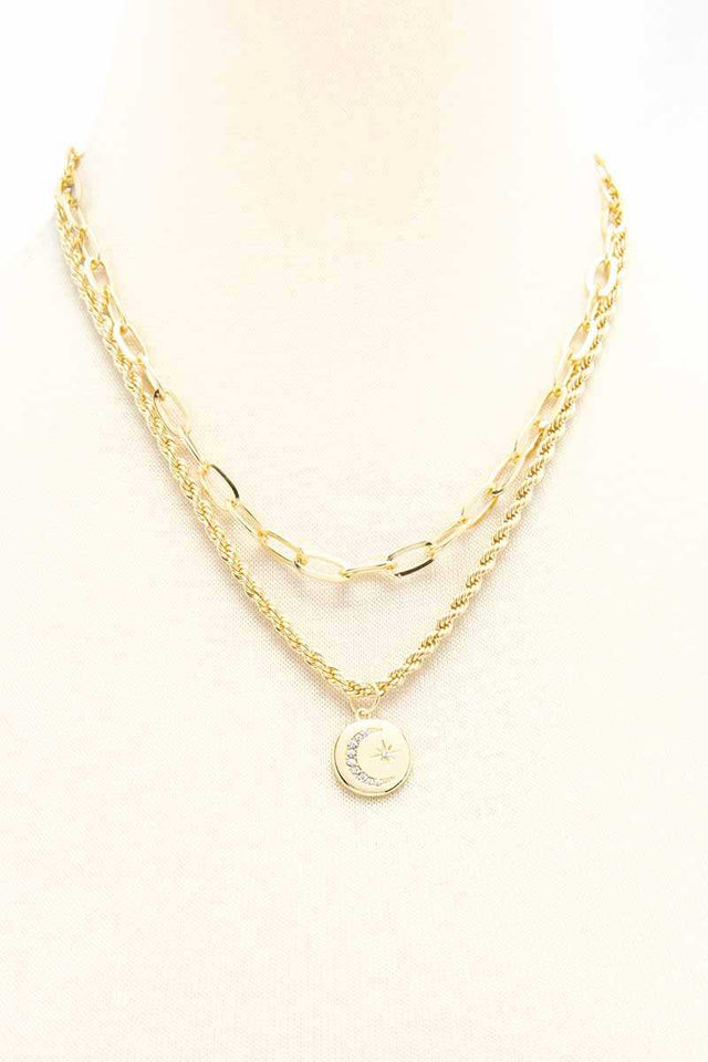 2 Layered Metal Chain Round Pendant Necklace - icmart