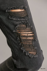 Stretch Straight Cut Distressed Denim Jeans