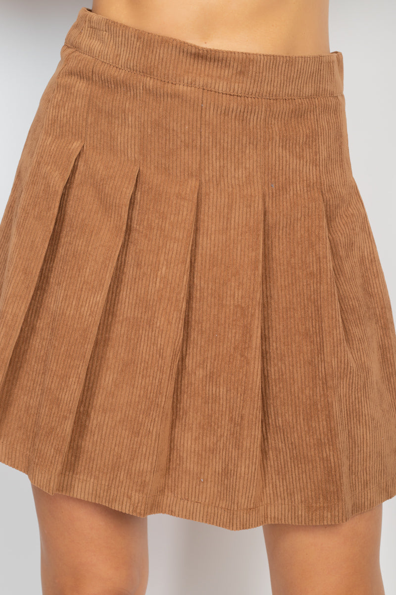 line Corduroy Pleated Mini Skirt Brown