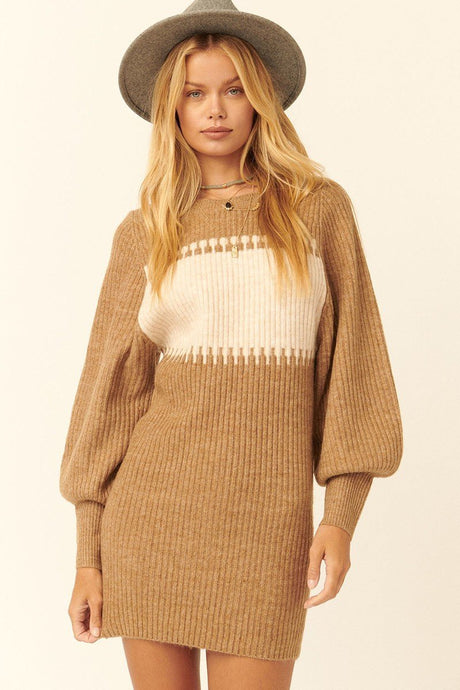 A Ribbed Knit Sweater Mini Dress Camel hue - iCmart