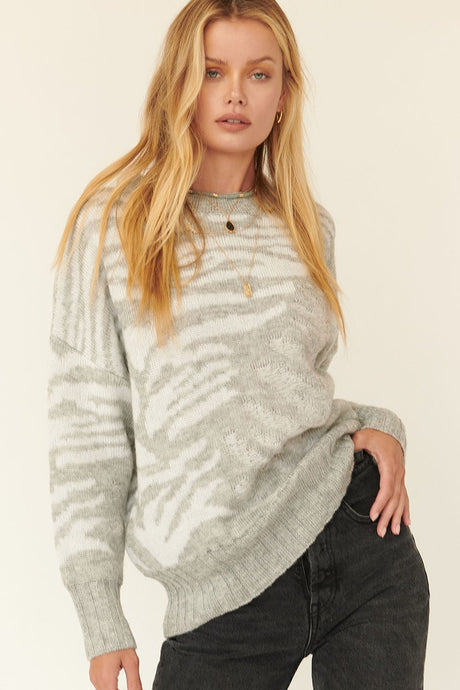 Zebra Print Pullover Sweater Grey