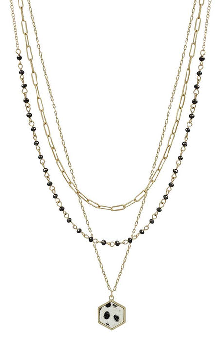 3 Layered Metal Crystal Bead Chain Hexago nLeopard Pendant Necklace