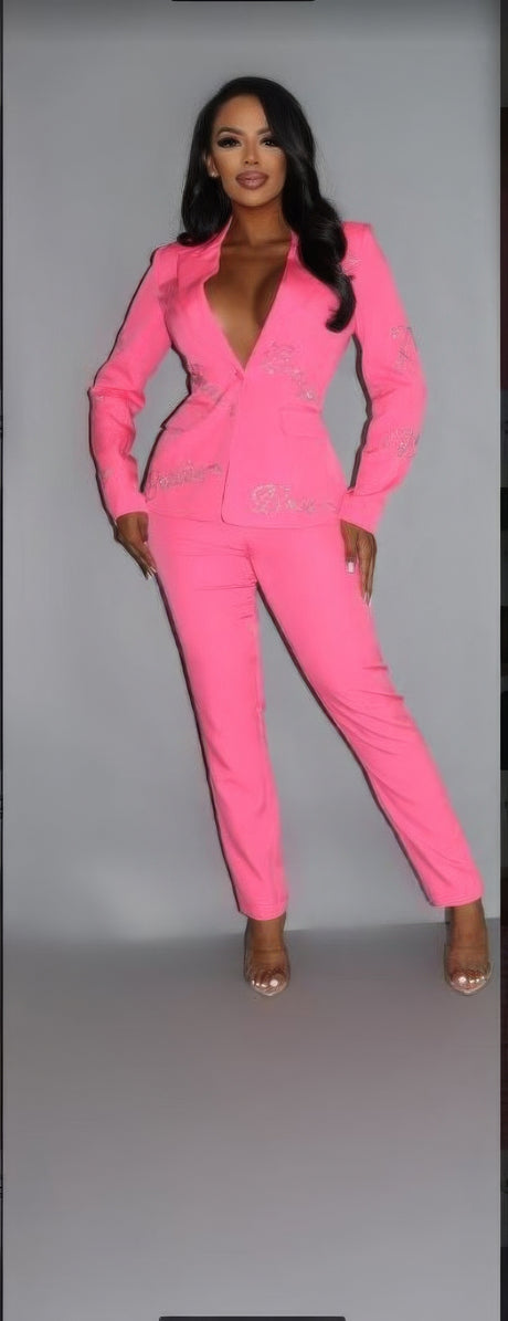 2 Piece Powersuit Blazer & Pants Set With Rhinestone Letterings On Blazerz - Neon Pink