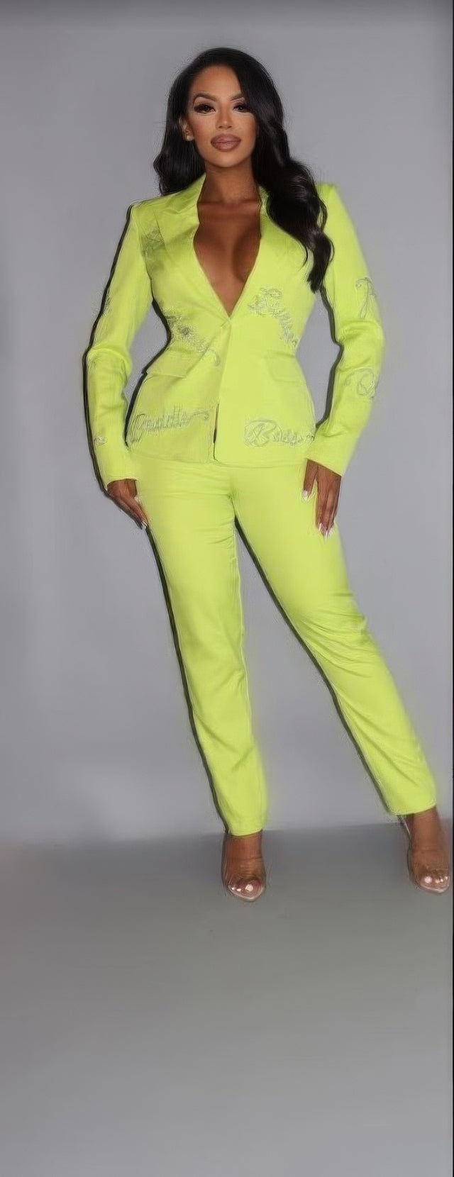 2 Piece Powersuit Blazer & Pants Set With Rhinestone Letterings On Blazer - Neon