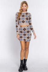 Argyle Jacquard Sweater Mini Skirt Taupe/Blue
