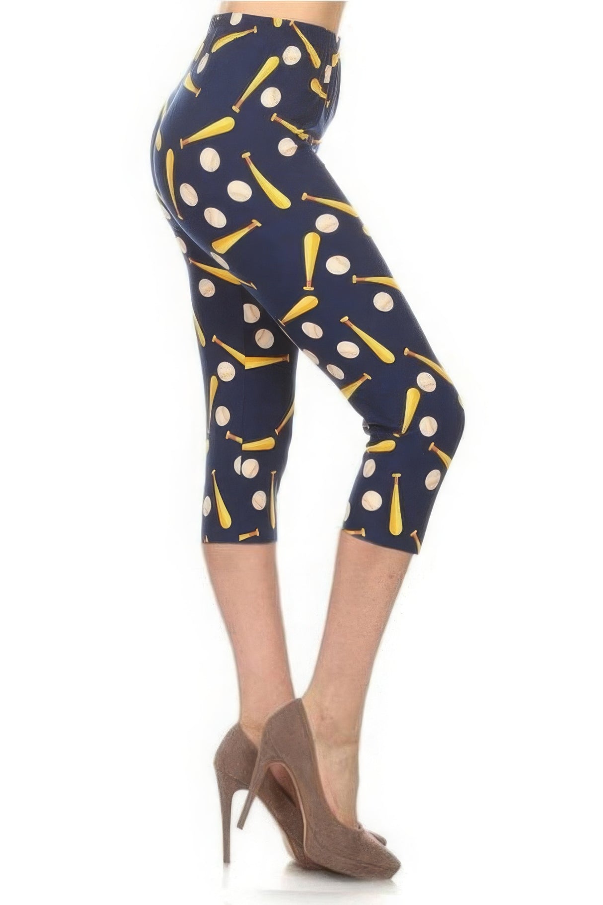 Baseball Printed High Waisted Capri Leggings In A Fitted Style