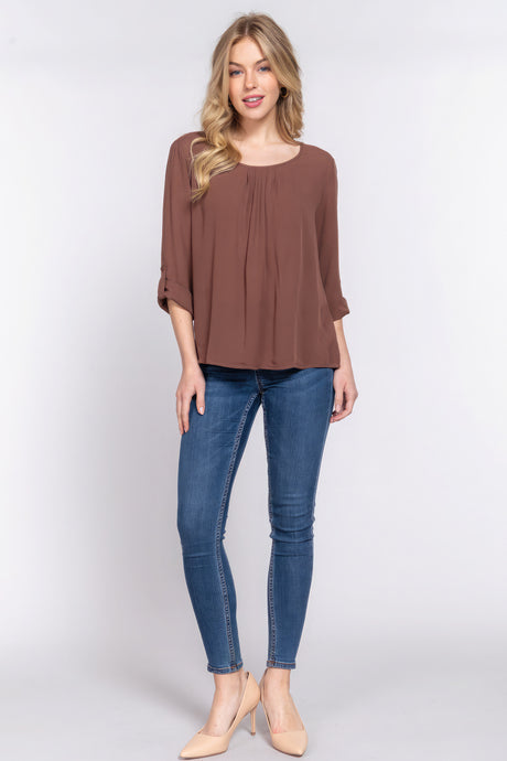3/4 Roll Up Slv Pleated Blouse Brown