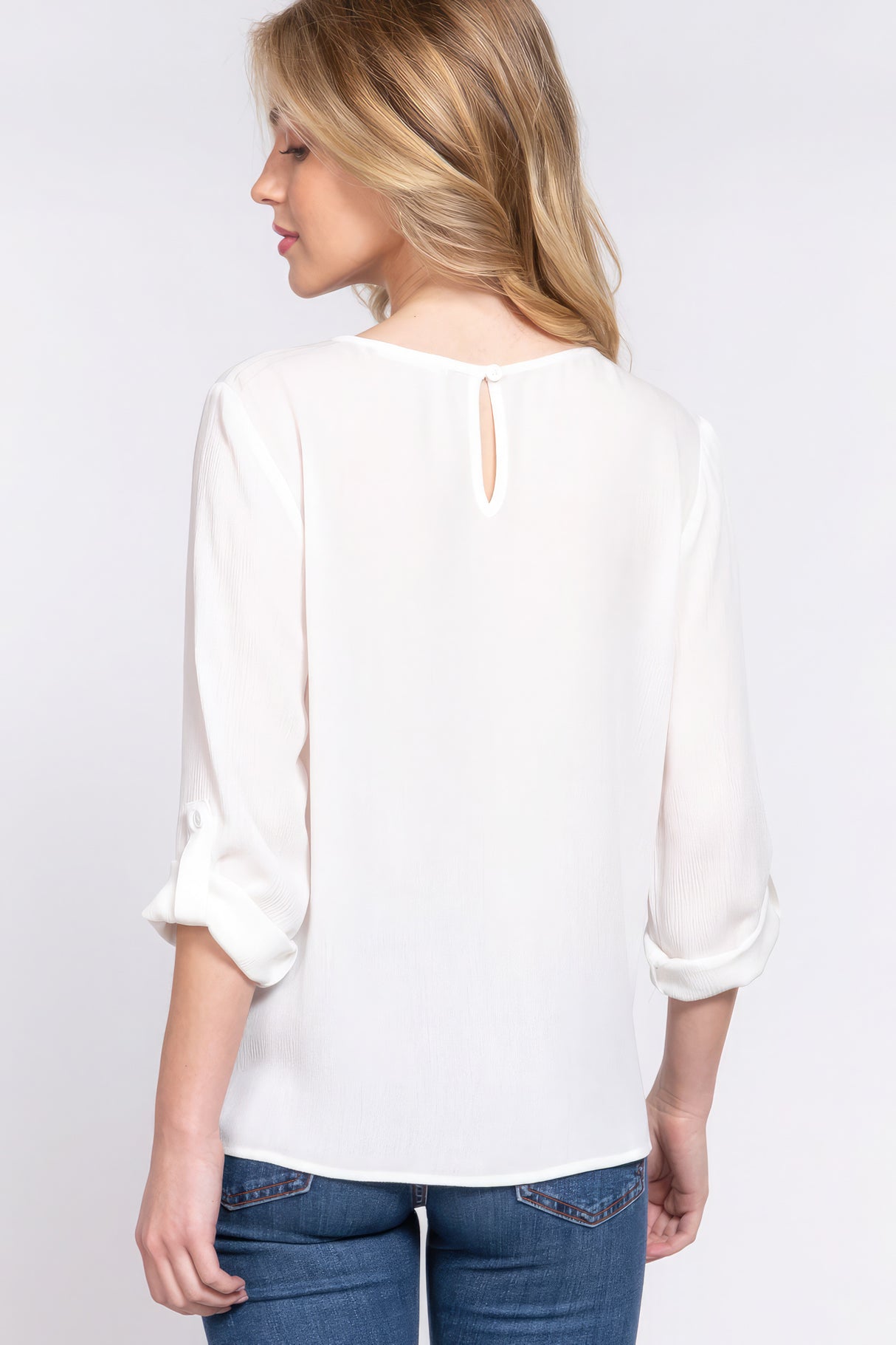 3/4 Roll Up Slv Pleated Blouse White