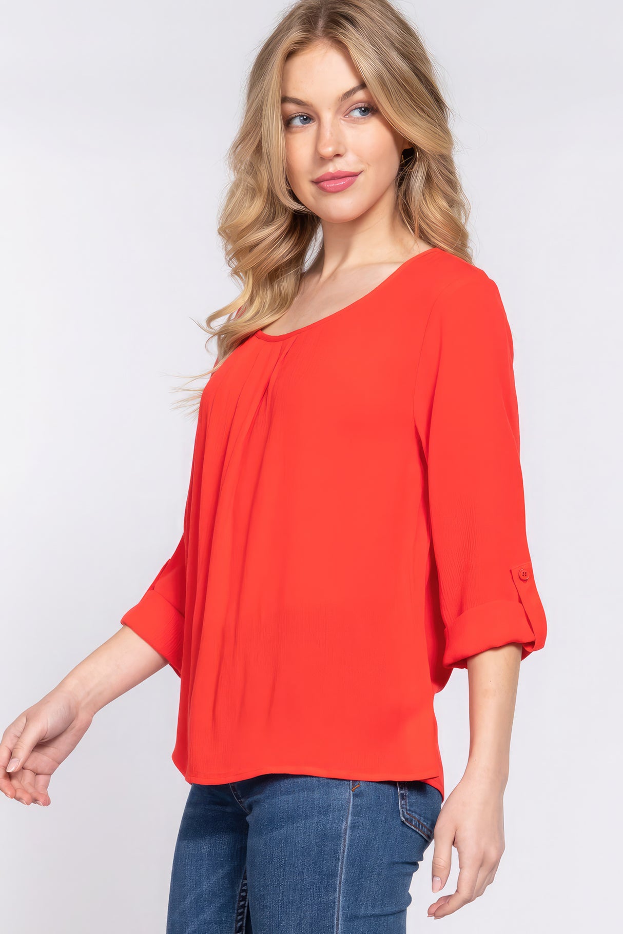 3/4 Roll Up Slv Pleated Blouse Red