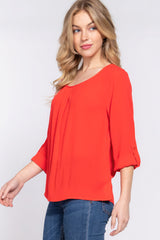 3/4 Roll Up Slv Pleated Blouse Red