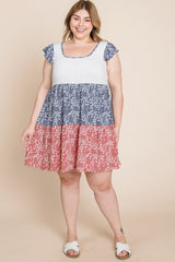 Plus Size Floral Color Block Contrast Tiered Babydoll Dress