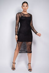 Lace Rhinestone-studded Slit Midi Dress